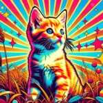 Руде смугасте кошеня сидить у високій траві та з цікавістю дивиться вбік