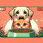 Руденький кіт зазирає в миску з собачим кормом, поки лабрадор спостерігає