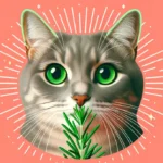 Сірий смугастий кіт із зеленими очима нюхає гілочку свіжого розмарину