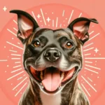 Весела собака породи пітбуль-тер'єр мікс з відкритим ротом і язиком, на кораловому фоні