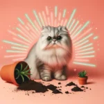 Пухнастий сріблясто-сірий кіт із великими зеленими очима сидить біля перекинутого вазона з розсипаною землею