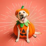 Веселий лабрадор-ретривер у яскравому помаранчевому костюмі гарбуза на Геловін