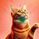 Рудий смугастий кіт уважно дивиться вгору і піднімає лапку під час тренування з клікером