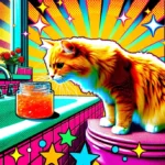 Руденький кіт з цікавістю обнюхує відкриту банку з вазеліном на столі