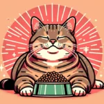 Коричневий смугастий кіт спокійно сидить біля повної миски з кормом на кораловому фоні