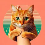 Рудий смугастий кіт з яскравими зеленими очима чіпляється лапами за ногу господаря і вимогливо дивиться в камеру