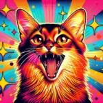 Кіт породи сомалі з коричним забарвленням шипить, притиснувши вуха, у яскравому поп-арт стилі