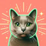 Сірий кіт із зеленими очима уважно дивиться в камеру на кораловому фоні