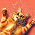 Руда смугаста кішка грайливо лежить на спині з піднятими лапами, широко розплющені очі, грайливий настрій