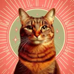 Коричневий смугастий кіт зі спокійним гідним виразом обличчя сидить рівно