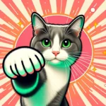 Сіро-білий кіт з яскравими зеленими очима витягує лапу вперед, готовий зіштовхнути щось зі столу