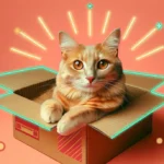 Рудий кіт з бурштиновими очима сидить у картонній коробці на кораловому фоні