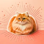 Руденький смугастий кіт сидить у позі буханочки з підібганими лапками на кораловому фоні