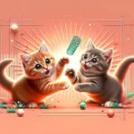 Два грайливих кошеняти граються з іграшкою на пружинці