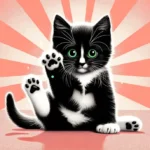 Грайливе чорно-біле кошеня з піднятою лапкою та зеленими очима