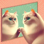 Кремовий пухнастий кіт із зеленими очима тягнеться лапою до свого відображення в дзеркалі