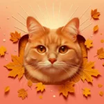 Руденький смугастий кіт з бурштиновими очима серед розсипаного золотого осіннього листя