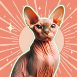 Кіт-сфінкс із рожевою зморшкуватою шкірою та великими вухами сидить упевнено на кораловому фоні