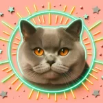 Сірий британський кіт з бурштиновими очима дивиться в камеру