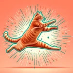 Руденький кіт у стрибку з витягнутими лапами на кораловому фоні