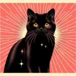 Чорний кіт із золотистими очима сидить і дивиться в камеру