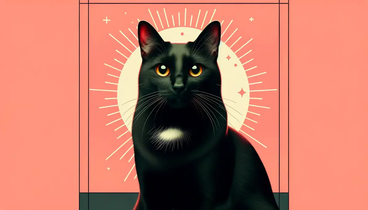 Чорний кіт із золотисто-зеленими очима сидить на кораловому фоні з тонким зеленим контуром