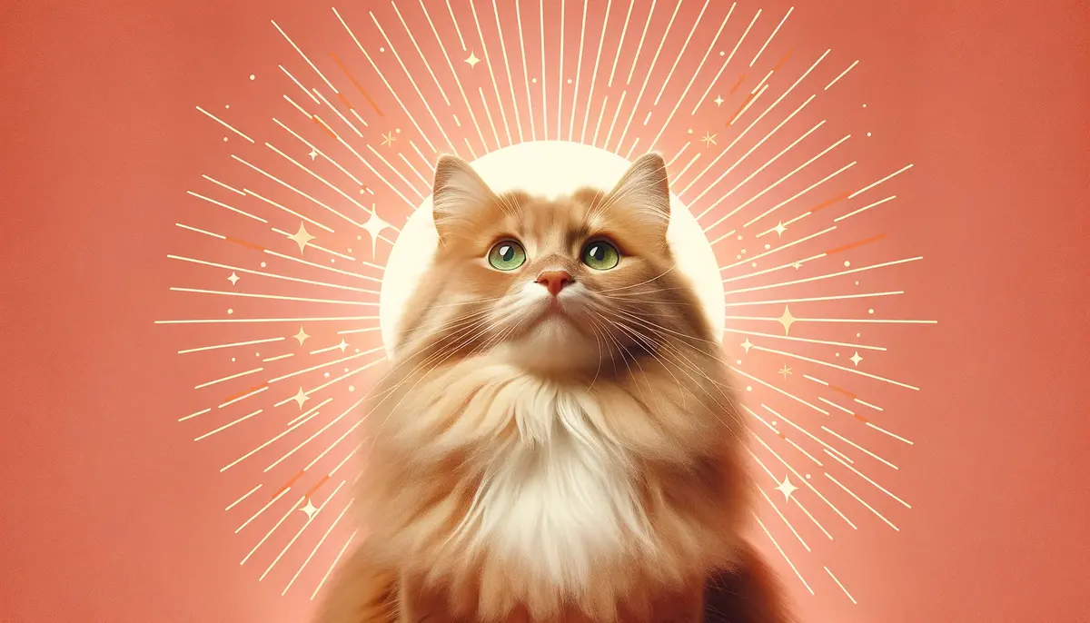 Пухнастий рудий кіт із зеленими очима дивиться вгору на коралово-рожевому фоні