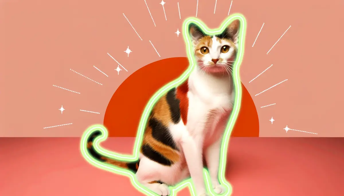 Японський бобтейл з триколірним забарвленням і золотими очима сидить на коралово-рожевому фоні