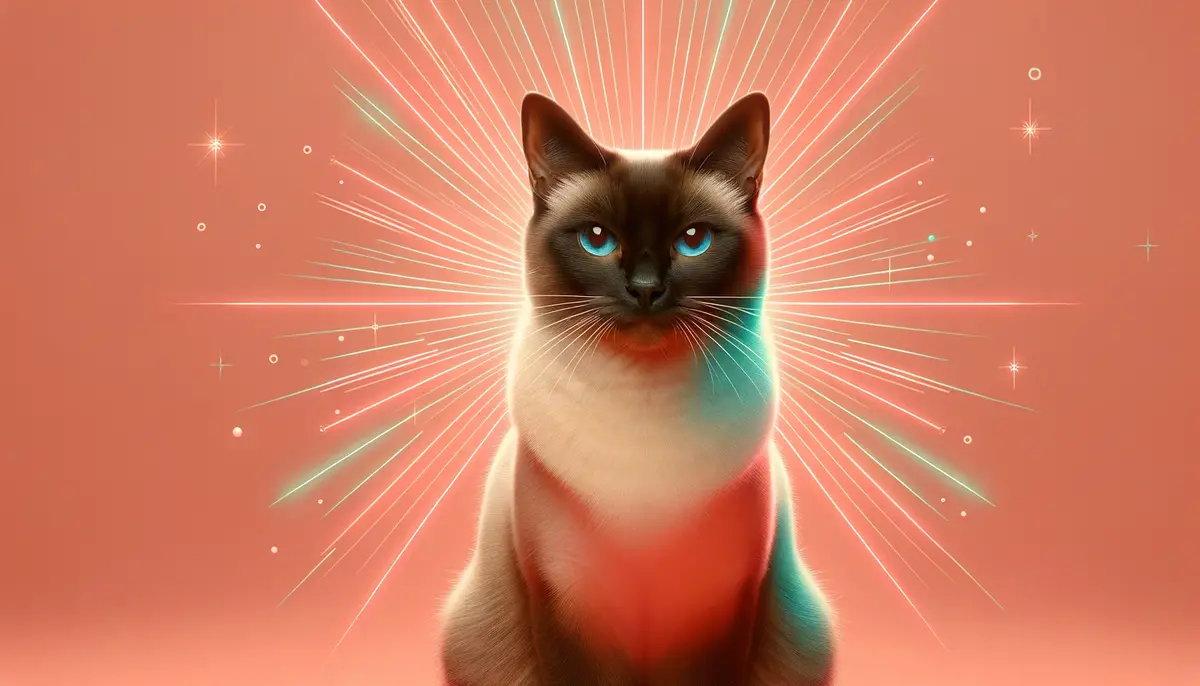 Сіамський кіт із шоколадними пойнтами та блакитними очима сидить і дивиться в камеру