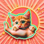 Руде кошеня з зеленими очима грайливо покусує людську руку, тримаючи її лапками