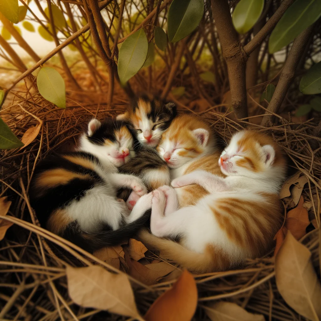 Виводок новонароджених кошенят згорнувся в гнізді з сухого листя під кущем