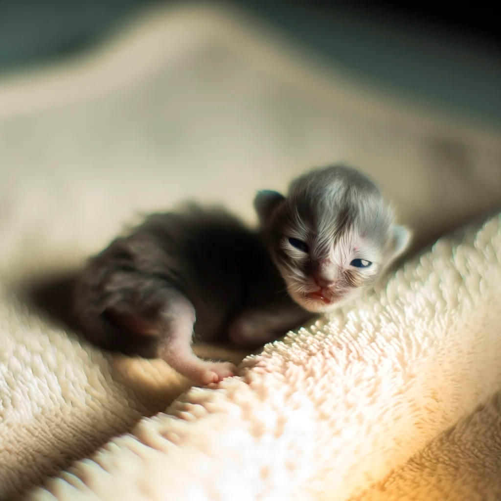 Крихітне сіре новонароджене кошеня лежить на м'якому рушнику, ледь відкривши очі
