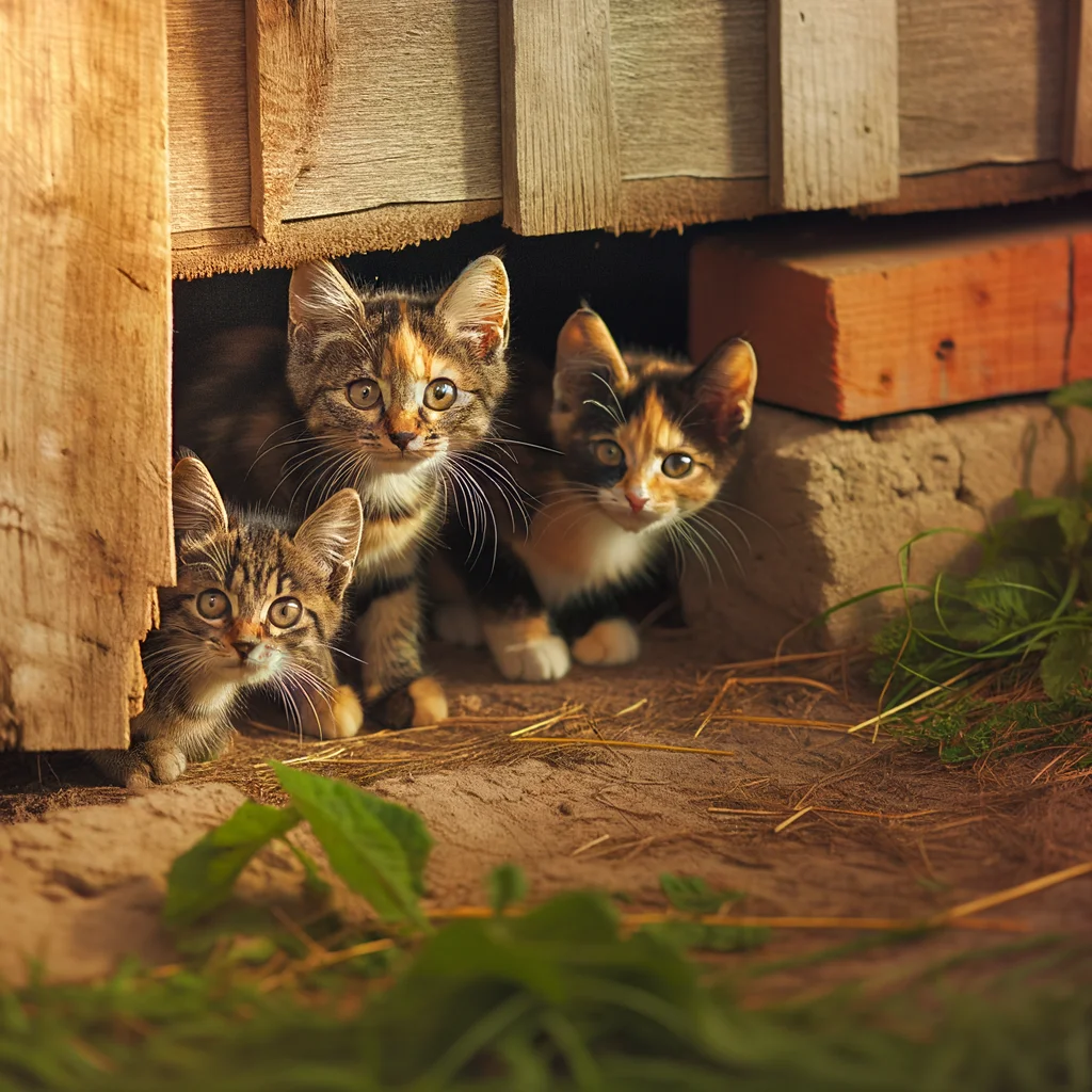 Троє молодих кошенят обережно визирають з-під дерев'яного сараю