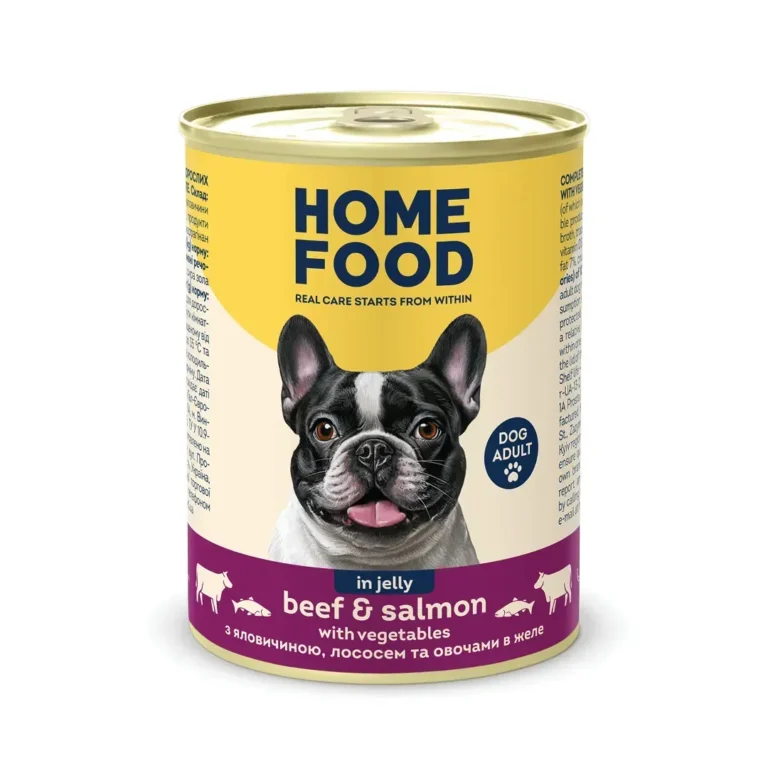 Повнораціонний вологий корм для дорослих собак HOME FOOD з яловичиною, лососем та овочами в желе, 360 г