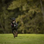 Чорний собака радісно біжить зеленою галявиною в парку