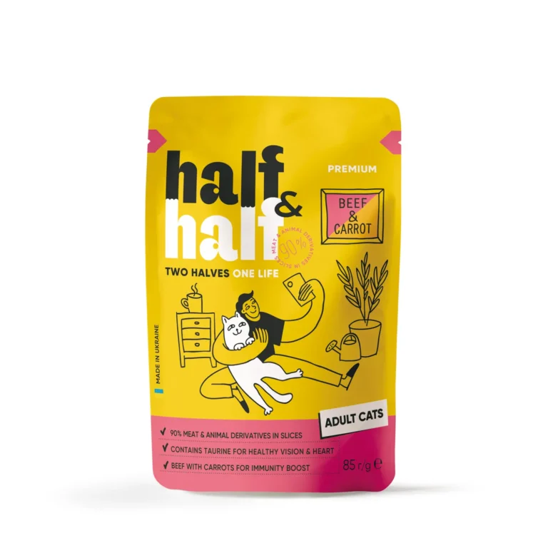 Вологий корм для дорослих котів Half&Half з яловичиною та морквою в желе, 85 г