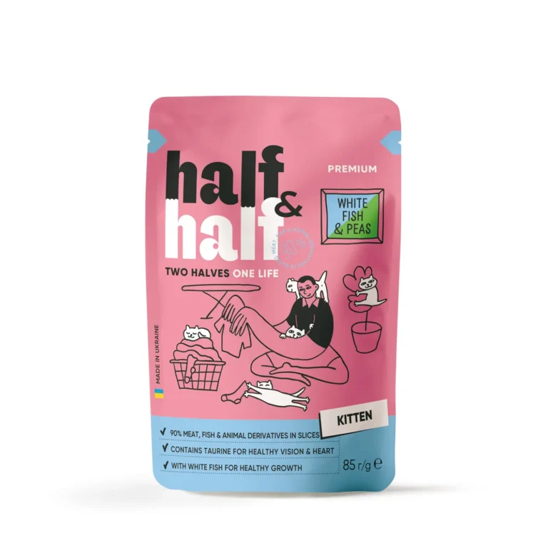 Вологий корм для кошенят Half&Half з білою рибою та горохом в желе 85 г