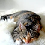 Смугастий кіт лежить на білому пухнастому пледі вдома