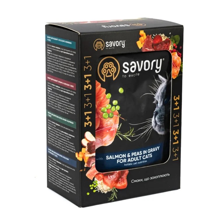 Пауч Savory з лососем і горошком у соусі для дорослих котів, 3+1