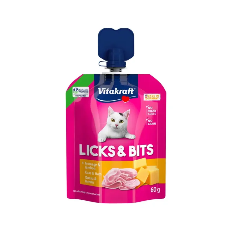 Ласощі для котів Vitakraft Licks & Bits крем зі шматочками з сиром та шинкою, 60 г