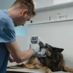 Ветеринар оглядає дорослого самця собаки великої породи у світлій клініці