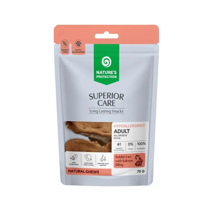 Ласощі для собак Nature's Protection Superior Care кролячі вушка з начинкою з лосося, 75 г
