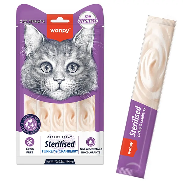 Рідкі ласощі для стерилізованих котів Wanpy Creamy Lickable Treats, індичка та журавлина, 5 стіків по 14 г
