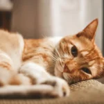 Рудий кіт відпочиває біля вікна вдома у теплому денному світлі, розслаблена спокійна поза