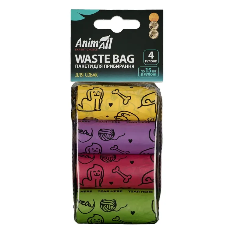 Пакети для прибирання за собаками AnimAll Waste Bag, 4 рулони × 15 шт, кольорові