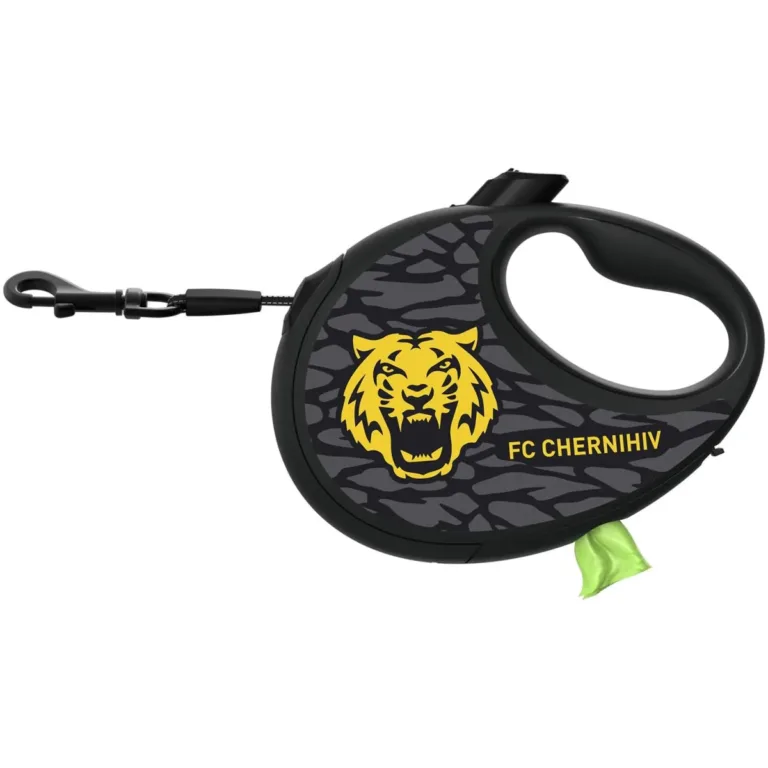 Повідець-рулетка для собак Waudog R-leash з контейнером для пакетів, малюнок ФК Чернігів, чорний, світловідбивна стрічка