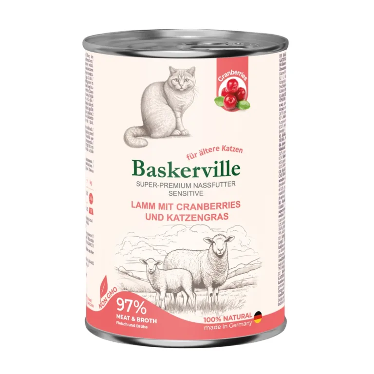 Вологий корм для чутливих і літніх котів Baskerville з ягням, журавлиною і котячою травою, 400 г