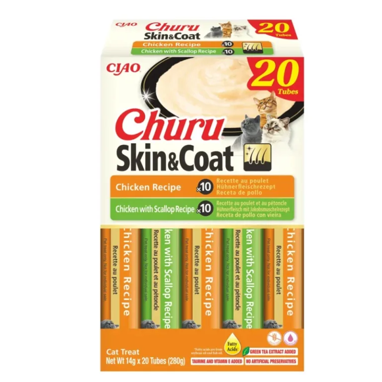 Ласощі INABA Churu Skin&Coat вершковий мус з куркою та морським гребінцем для котів, 20 шт по 14 г