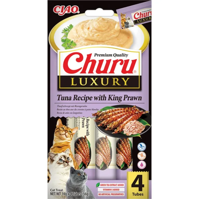 Ласощі INABA CIAO Churu Luxury вершковий мус з тунцем та королівськими креветками для котів, 4 шт по 14 г