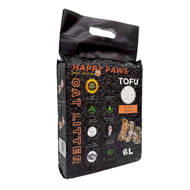 Наповнювач тофу HAPPY PAWS для котячих туалетів з ароматом персика, 6 л / 2,6 кг